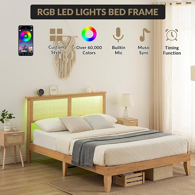 Garvee Full Size Rattan Bed Frame, Bohemian Rattan Bed Frame Full with Natural Headboard, LED Lights, No Box Spring Needed