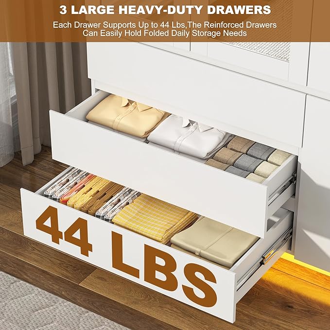 3 Doors Armoire Wooden Wardrobe Closet with 3 Drawers & 2 Mirror, 75"H Clothing Storage Cabinet with Hanging Rod,Modern Bedroom Large Freestanding Armoires with Led Lights for Bedroom,White