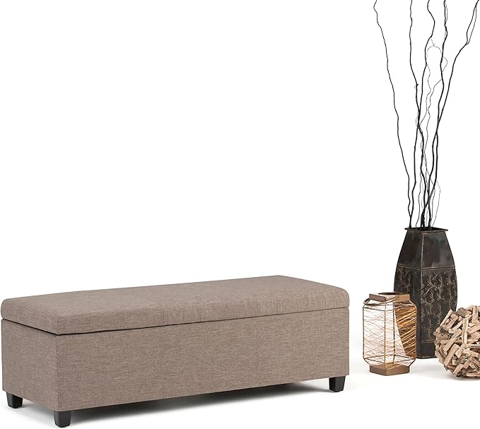 SIMPLIHOME Avalon Storage Ottoman Bench - 48" Wide x 16" High Upholstered Linen Look Fabric Rectangular Lift-Top Ottoman in Fawn Brown, Contemporary Bench for Living Room with High-Density Foam