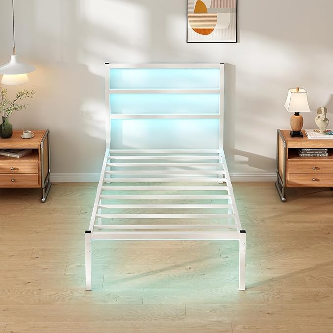 CLIBFENG Twin Bed Frame with Headboard,Heavy Duty Steel Slats Support-LED Bed Frame with USB Charging Station,Mattress Foundation-Under Bed Storage,No Box Spring Needed,Noise Free,White