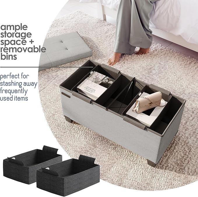 Storage Ottoman Bench with Bins, 30-in Storage Bench for Bedroom End of Bed, Folding Foot Rest Ottoman for Living Room Max 660lbs, Fabric Ottomans, Light Grey