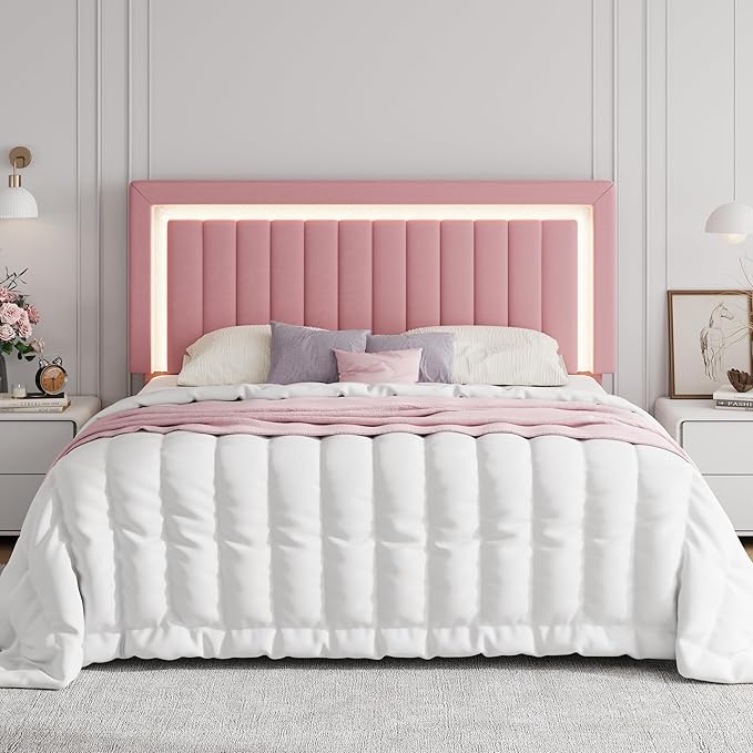SHA CERLIN King Size Velvet Bed Frame with LED Light, Adjustable Vertical Channel Tufted Headboard, Strong Wooden Slats Support, Noise-Free, No Box Spring Needed, Pink