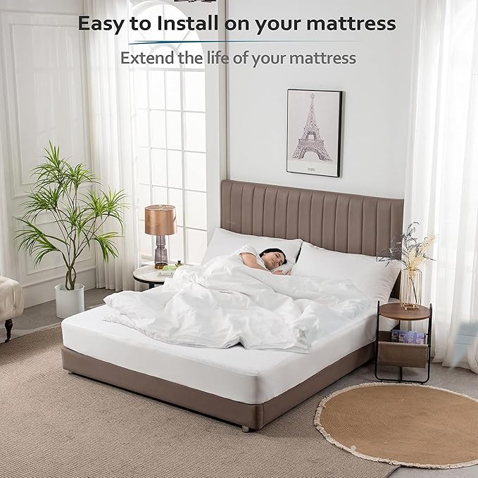 PlushDeluxe Queen Mattress Protector, Breathable Soft Terry Cotton Fitted Sheet Bed Cover with Deep Stretchable Pockets, 100% Waterproof, Noiseless, Hypoallergenic, Dust Mite Proof, 60"x80"x15"