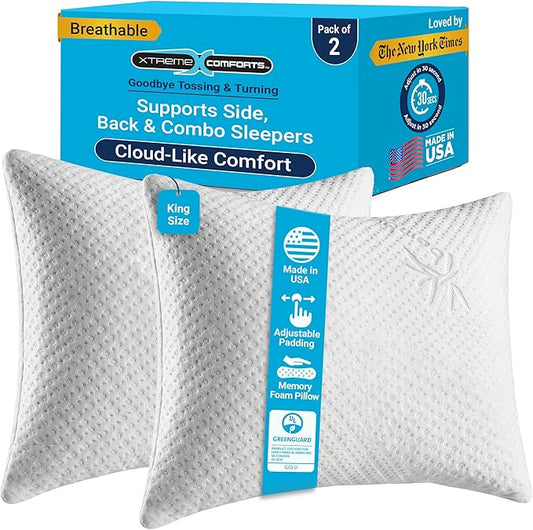 Xtreme Comforts GREENGUARD Certified King Pillows for Sleeping Made in The USA (2 Pack) | Adjustable King Memory Foam Pillow for Side, Back & Stomach Sleepers w/Removable Cooling Zipper Cover