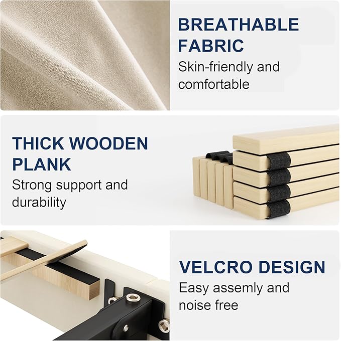 Sismplly Queen Bed Frame with Headboard, Velvet Upholstered Queen Size Platform Bed with Wingback, Mattress Foundation with Wooden Slat Support, No Box Spring Needed, Easy Assembly, Noise Free, Beige