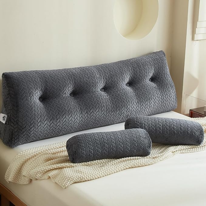 YOUR MOON Wedge Headboard Pillow King Size, Triangular Wedge Backrest Pillow with 1 Pack Neck Roll Pillows, Headboard Pillow for Bed,Daybed,and Lounging, Large Bed Bolster Pillows,Dark Gray