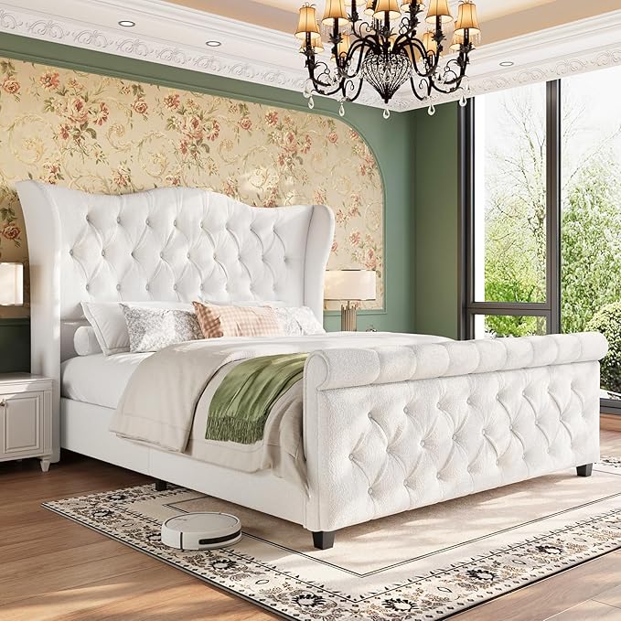 koorlian King Size Bed Frame,Chenille Upholstered Sleigh Bed with Scroll Wingback Headboard & Footboard,Luxury & Soft Button Tufted Modern Bed,Easy Assembly,No Box Spring Needed
