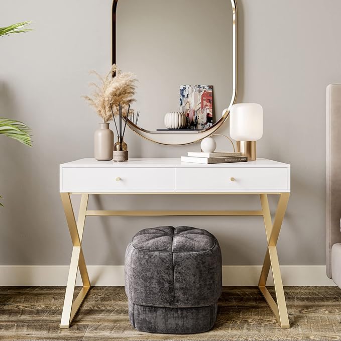 BELLEZE Modern 42 Inch Makeup Vanity Dressing Table or Home Office Computer Laptop Writing Desk with Two Storage Drawers, Wood Top, and Gold Metal Frame - Ellena (White)