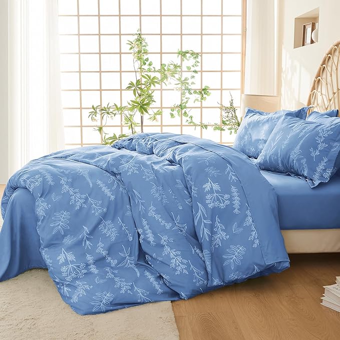 MUXHOMO Duvet Cover Full Size, Reversible Floral Ice Blue Duvet Cover Set with Zipper Closure, 3 Pieces Botanical Patterns Soft Microfiber Bedding Set with 4 Ties (80"x90", 2 Pillow Cases)