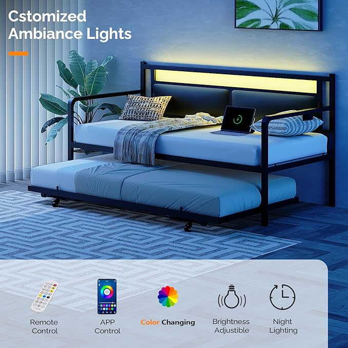 VINGLI Twin Daybed with Pop Up Trundle,Sofa Day Bed with LED Light & Charing Station,Pull Out Bed with Steel Slat Support & Upholstered Headboard, Platform Bed Frame, Black