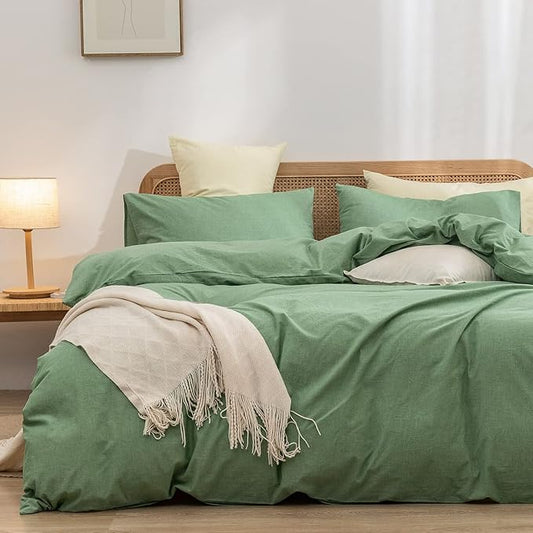 BESTOUCH Duvet Cover Set 100% Washed Cotton Linen Feel Super Soft Comfortable Chic Lightweight 3 PCs Home Bedding Set Light Grass Green Queen