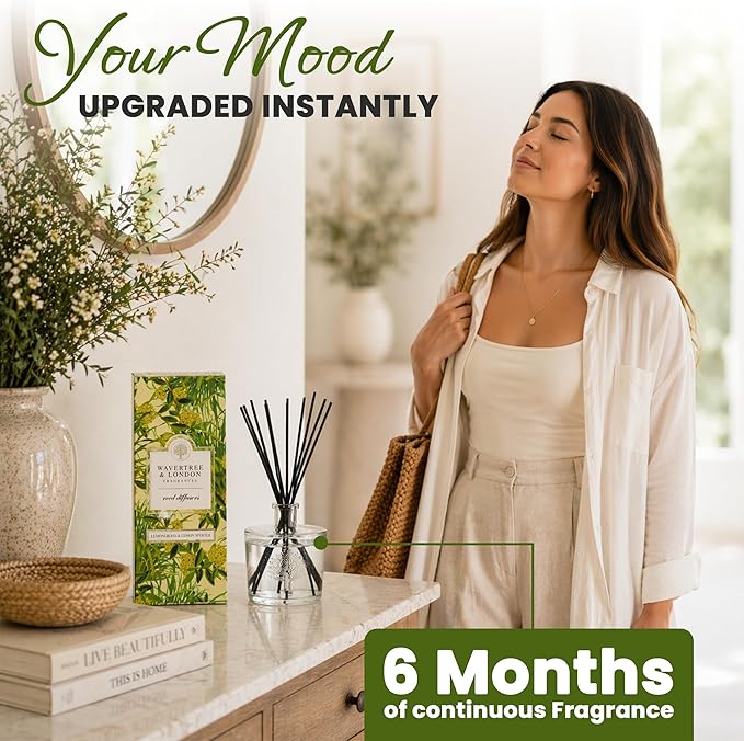 Wavertree & London Natural Lemongrass & Lemon Myrtle Scented Reed Diffusers Set - Long Lasting Aromatherapy Air Freshener Diffuser with Sticks | 250ml Scented Diffuser with 6 Months Scent Life
