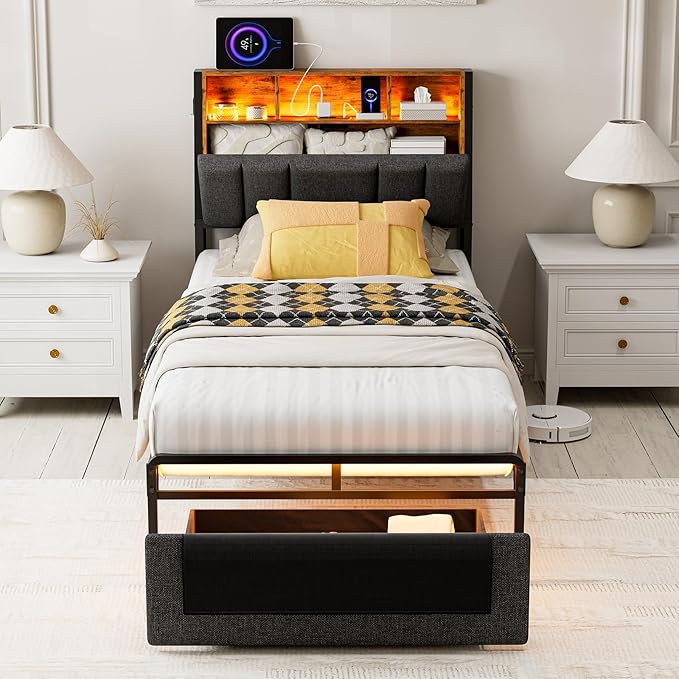 IKIFLY Twin XL Bed Frames with Ergonomic Hidden Storage Headboard & Dustproof Storage Drawer, Upholstered Twin XL Platform Bed with Charging Station and LED Lights, No Box Spring Needed, Dark Grey