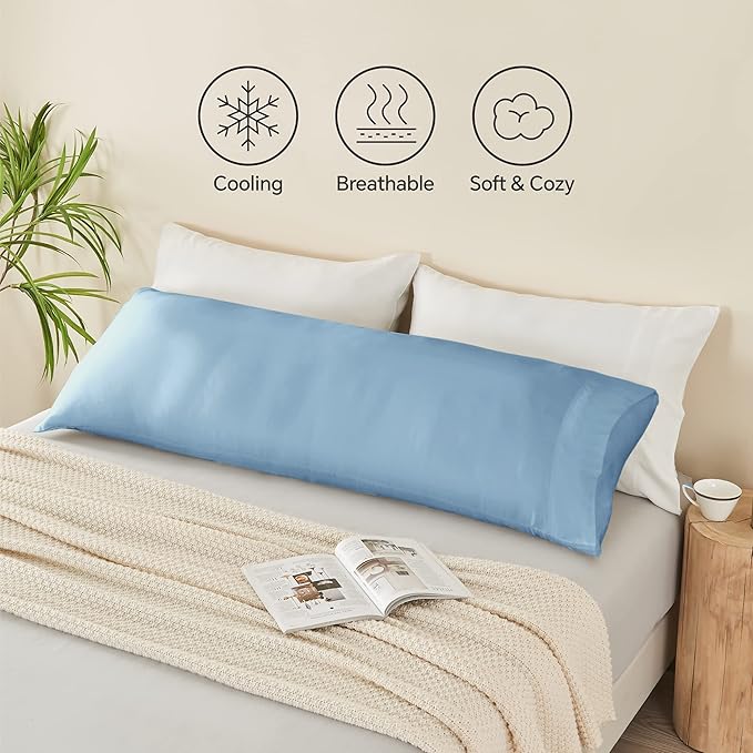 BEDELITE Body Pillow Case Cover, Rayon Made from Bamboo, Cooling Body Pillow Cover for Hot Sleepers and Night Sweats, Breathable & Silky Soft Full Long Pillow Case (Blue, 20x54 Inches)
