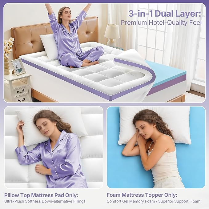 5 Inch Dual Layer Memory Foam Queen Mattress Topper - 2'' Pillow Top Mattress Pad for Back Pain and 2'' Support Foam & 1'' Cooling Gel Memory Foam, Extra Thick Medium Support Bed Topper