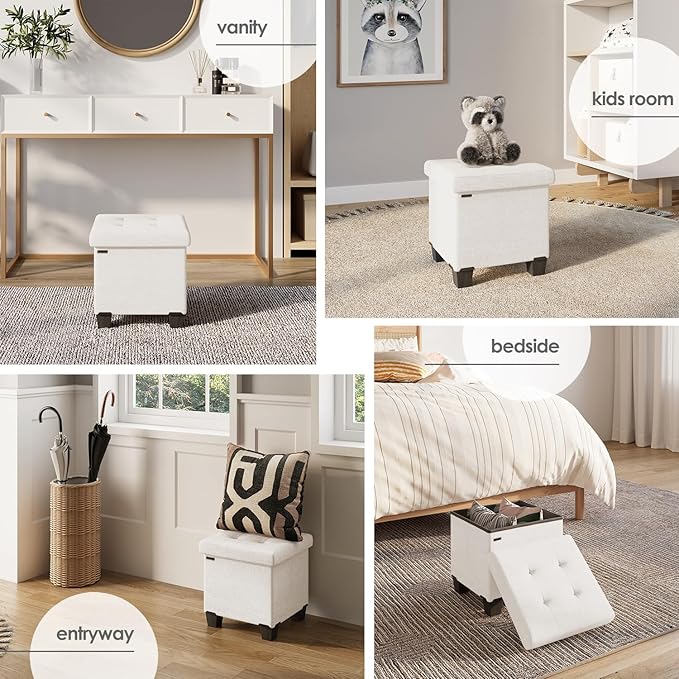 Storage Ottoman Cube with Small Bin, 15-in Square Ottoman with Storage for Living Room and Bedroom, Small Ottomans Foot Rest, Fabric Foot Stools Ottomans Max 330lbs, Cream