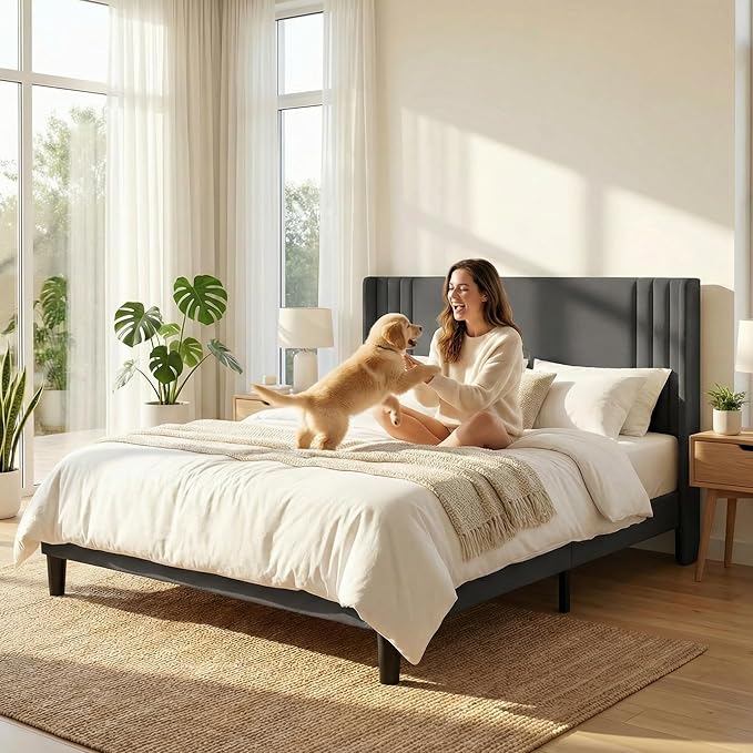 Gizoon Full Bed Frame with Wingback Headboard, Upholstered Platform Bed with Modern Geometric Headboard, Wooden Slats, Noise-Free, No Box Spring Needed