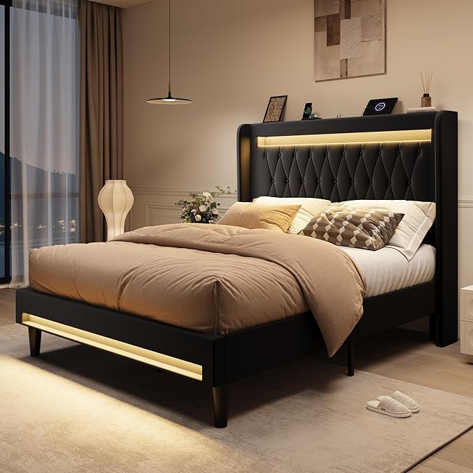 SHA CERLIN Queen Size LED Bed Frame with Charging Station, Velvet Upholstered Platform Bed with High Wingback Headboard, No Box Spring Needed, Easy Assembly, Black