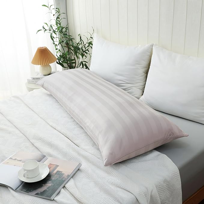 100% Cotton Soft Body Pillow Protectors with Invisible Zipper 20X54 Inches Body Pillow Cases, 600 Thread Count Soft Pillow Cases, Striped Light Beige Color 1-Pack
