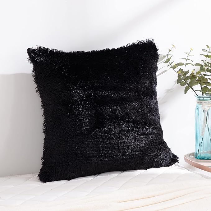 Reafort Luxury Long Hair, PV Fur, Faux Fur Euro Sham Pillow Cover/Case 26"x26" with Zipper Closure (26"x26" Euro Sham, Black)