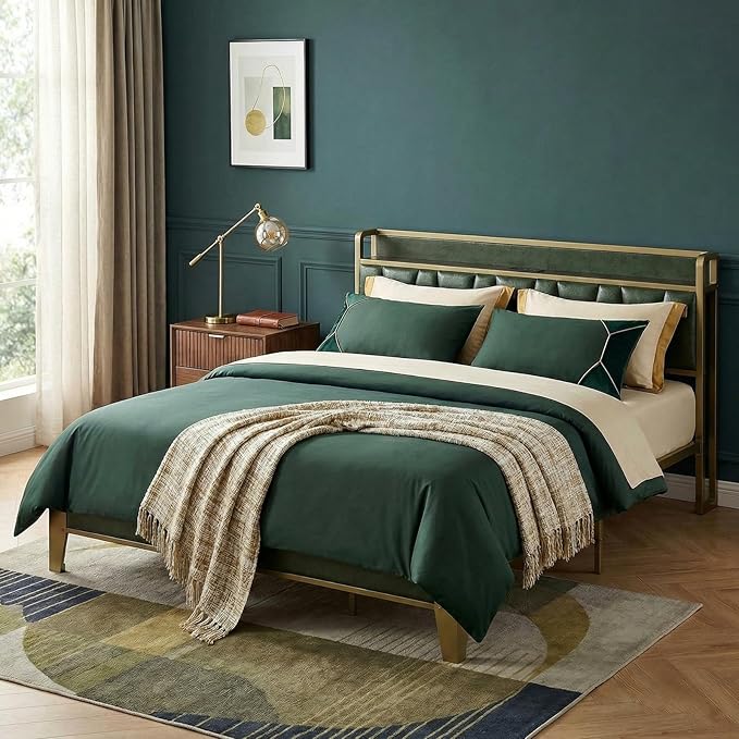 LIKIMIO California King Bed Frame, Storage Headboard with Charging Station, Solid and Stable, Noise Free, No Box Spring Needed, Easy Assembly (Dark Green)