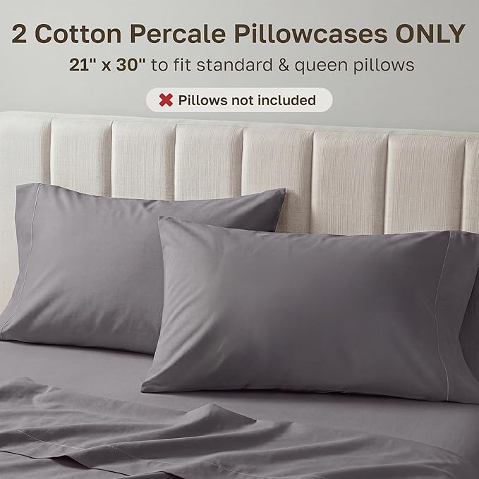 California Design Den 100% Egyptian Cotton Pillow Cases Standard Size/Queen Size Set of 2 - Crisp Percale Feel, Soft & Breathable Pillow Cases Cotton - Grey