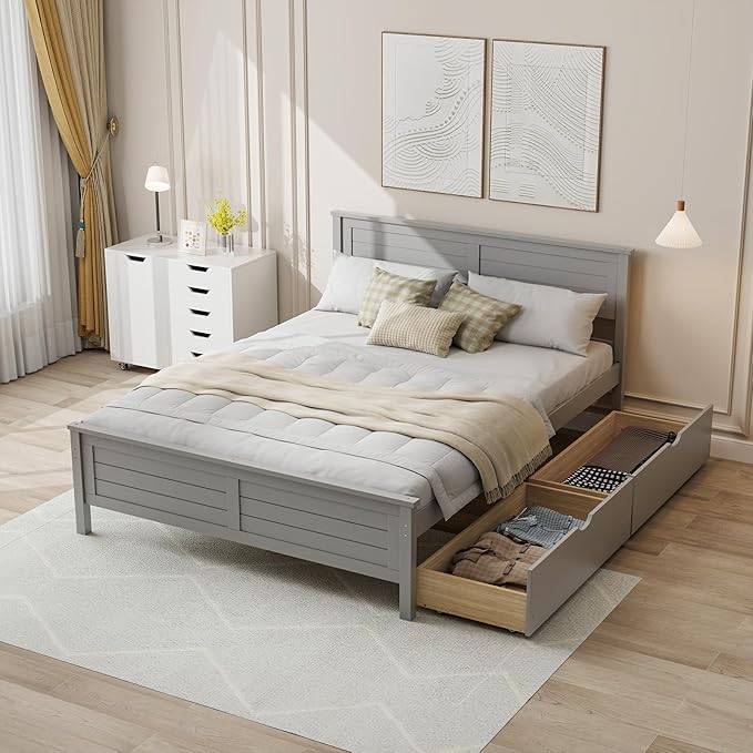 Giantex Wood Full Size Bed Frame with 2 Storage Drawers, Solid Wood Platform Bed with Headboard, Wooden Slats Mattress Foundation, No Spring Needed, Full Bed Frame for Kids, Teens, Adults, Grey