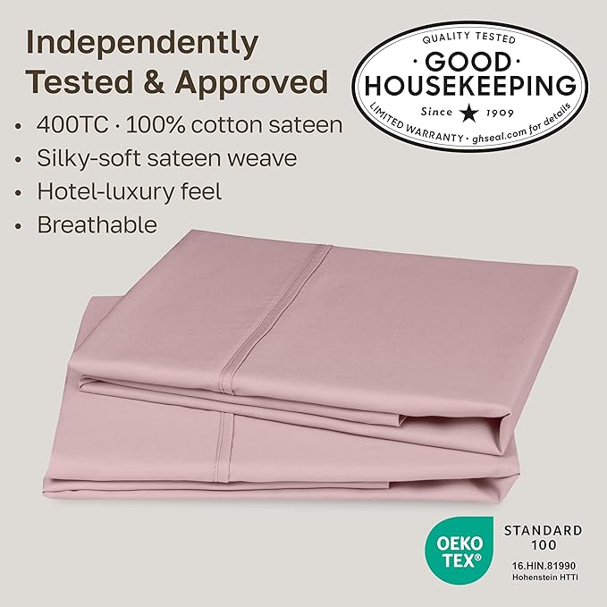 California Design Den Pillow Cases King Size Set of 2-400 Thread Count Sateen, Natural 100% Cotton Pillowcases King, Soft, Roomy and Breathable - Mauve