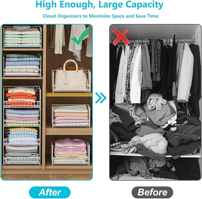 Hongtamoya 4-Tier Sliding Closet Organizers and Storage Shelves, Stackable Closet Shelf Organizer Basket Bins, Drawer Shelf Storage Container for Wardrobe Cupboard Kitchen Bathroom Office, White