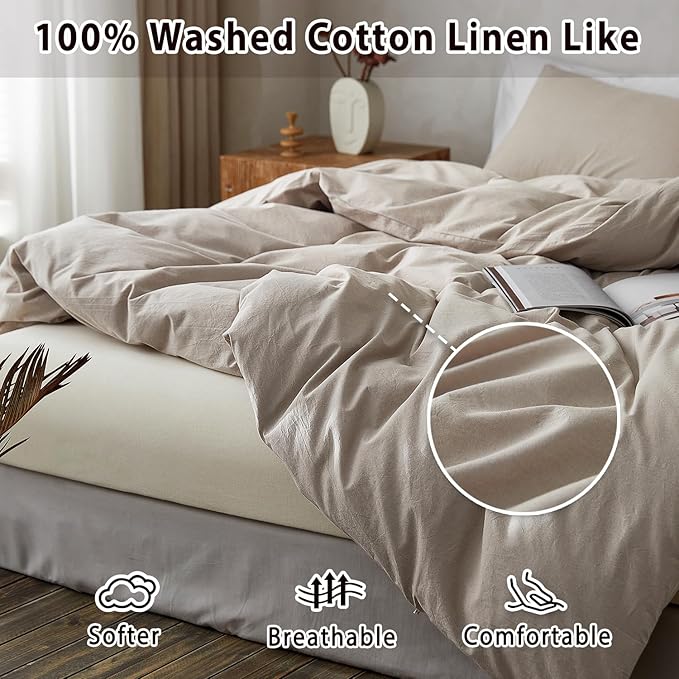 TOCOMOA Duvet Cover Set 100% Washed Cotton Linen Feel Soft Comfy Breathable 3 Piece Comforter Covers Bedding Set (King, Heathered Linen Grey)