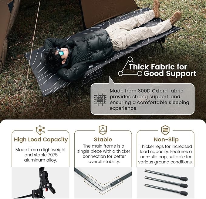 ONETIGRIS SUPRANUBIS Camping Cot, Height Adjustable with Cot Leg Extenders, Strong Support 330lbs, Lightweight Comfortable Folding Bed for Camping, Hiking, Travel, Truck, Beach, Office Nap