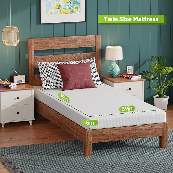 FDW 5 Inch Twin Mattress, Base Foam, Medium Firm Support, Breathable & Comfortable, Removable Washable Zipper Cover, Bed-in-a-Box，CertiPUR-US Certified