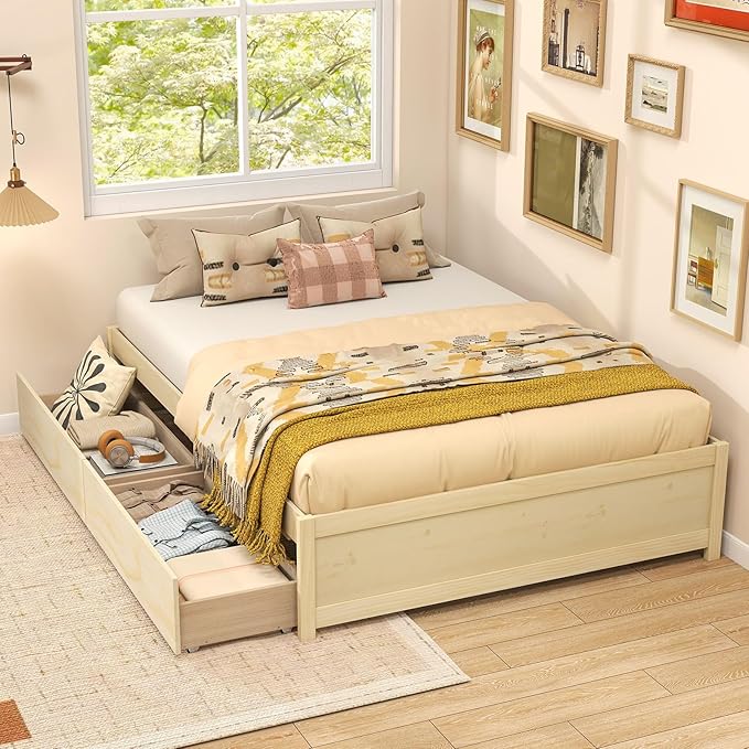 Giantex Full Size Bed Frame with 2 Storage Drawers, Solid Wood Platform Bed with Slats Support, Heavy Duty Daybed with Storage, No Box Spring Needed, Full Bed Frames for Teens Adults, Natural