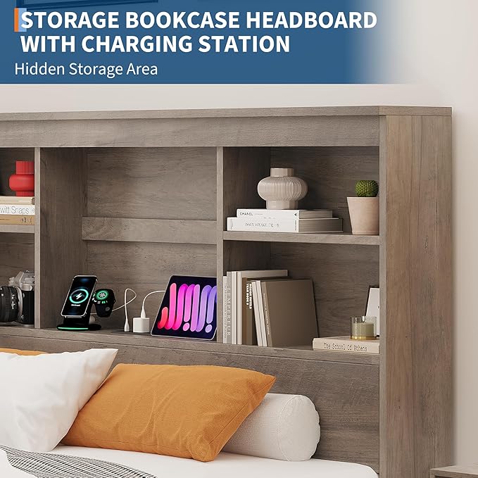 IDEALHOUSE Queen Bed Frame with Storage Headboard, Wooden Bed Frame with Charging Station, Storage Bookcase & Queen Size Platform Bed with 4 Drawers, No Box Spring Needed, Noise-Free, Vintage Grey