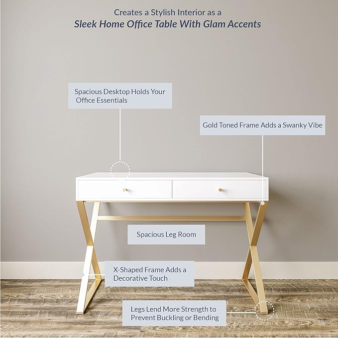 BELLEZE Modern 42 Inch Makeup Vanity Dressing Table or Home Office Computer Laptop Writing Desk with Two Storage Drawers, Wood Top, and Gold Metal Frame - Ellena (White)