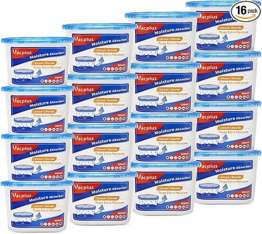 Vacplus Moisture Absorbers 16 Pack, 10.5 Oz, Humidity Absorber Boxes Attracts Extra Moisture from Your Bathroom, Closet, Kitchen, Dehumidifier for Closet (Fragrance Free), Blue