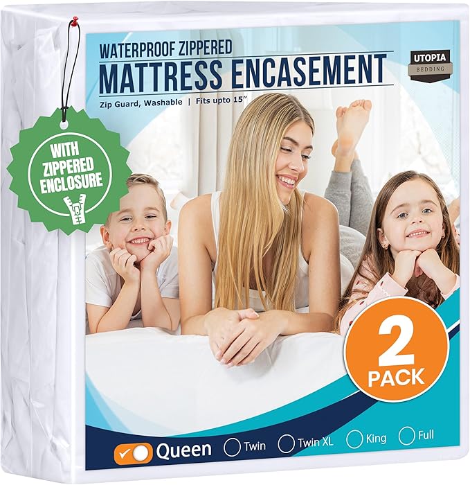 Utopia Bedding Mattress Protector Zippered Queen Size (Pack of 2), 100% Waterproof Bed Bug and Dust Mite Proof Mattress Encasement, Absorbent 6 Sided Mattress Cover