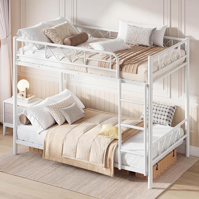 Garvee Twin Over Twin Bunk Bed with Stairs, Heavy Duty Metal Construction & High Guardrail, Sturdy Steel Slats Support, No Box Spring, Space Efficient, White