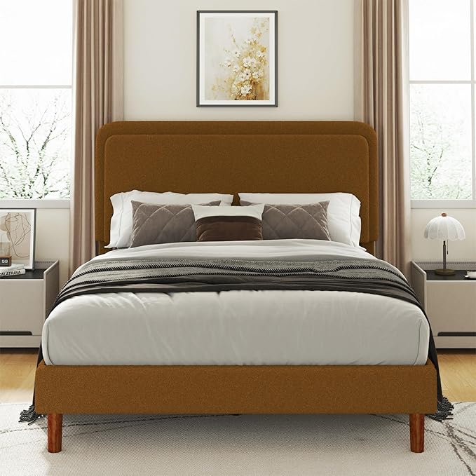Full Size Boucle Upholstered Bed Frame with Adjustable Headboard, Cloud Platform Bed, Solid Wooden Legs, No Box Spring Needed, Easy Assembly, Brown