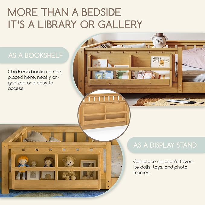 Bellemave Full Size Floor Bed Frame with Fence & Bookshelf, Solid Pinewood Montessori Floor Bed Full with Slats Load 450LBS, Low Profile Floor Bed for Kids, Bedroom, Nursery, Easy Assembly, Natural