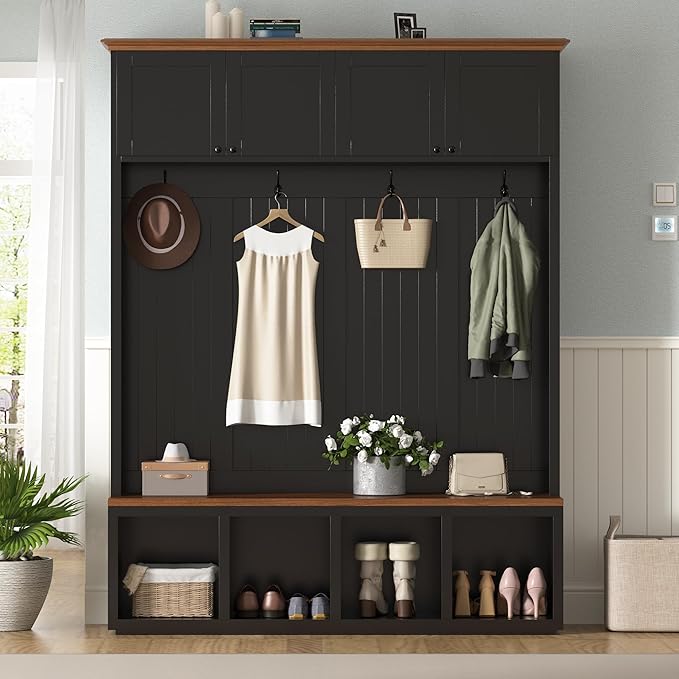 Merax Wood Rustic 59''W Hall Tree Entryway Bench with 4 Hooks and Cabinets, Farmhouse Mudroom Versatile Coat Racks with Shoe Storage Bench, Entrance Organizer for Hallway, Living Room Black