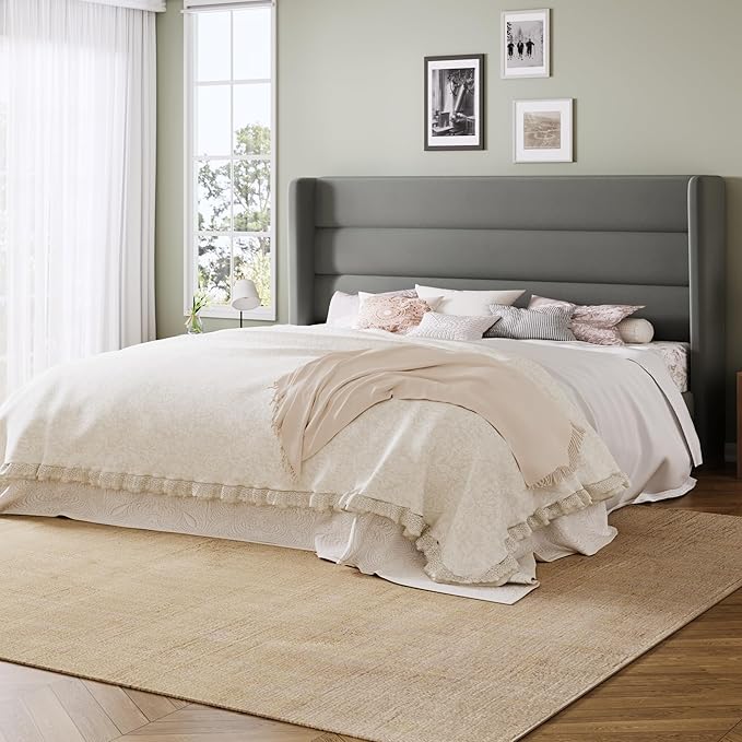 Allewie Queen Size Platform Bed Frame with Velvet Upholstered Wingback Headboard, No Box Spring Needed, Under Bed Storage Space, Strong Wooden Slats, Modern Mattress Foundation, Easy Assembly, Grey