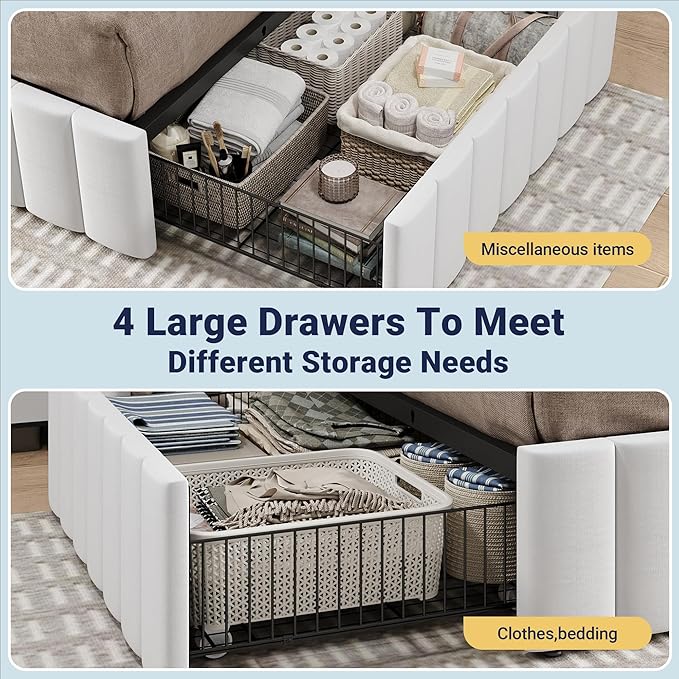 Allewie King Size Platform Bed Frame with 4 Large Storage Drawers, Velvet Vertical Channel Tufted Upholstered Bed Base, Wooden Slats Support, Noise-Free, No Box Spring Needed, Easy Assembly, White