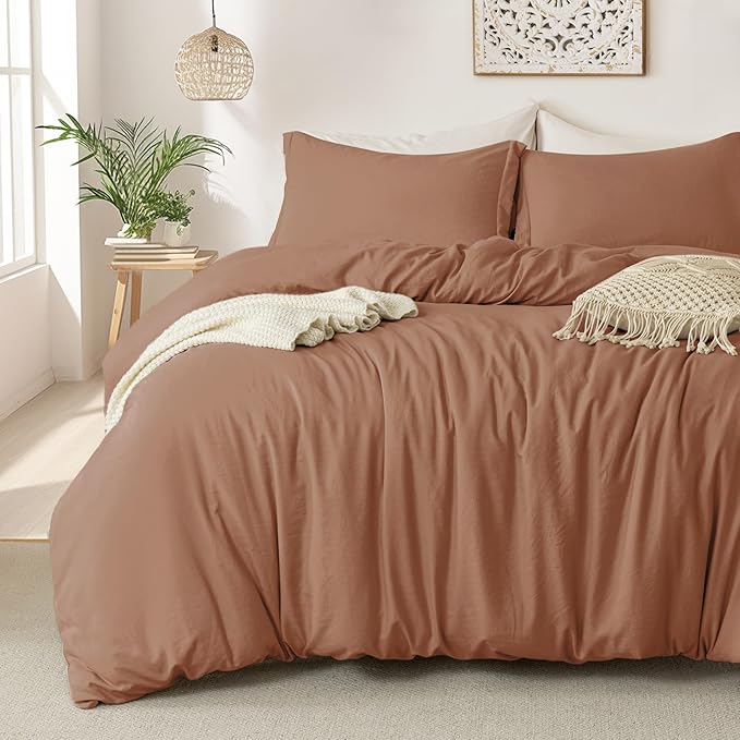 MILDLY Super Soft Duvet Cover - 100% Washed Microfiber Mocha Comforter Cover Set 3 Pieces with Zipper Closure & Corner Ties