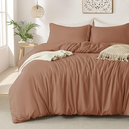 MILDLY Super Soft Duvet Cover - 100% Washed Microfiber Mocha Comforter Cover Set 3 Pieces with Zipper Closure & Corner Ties