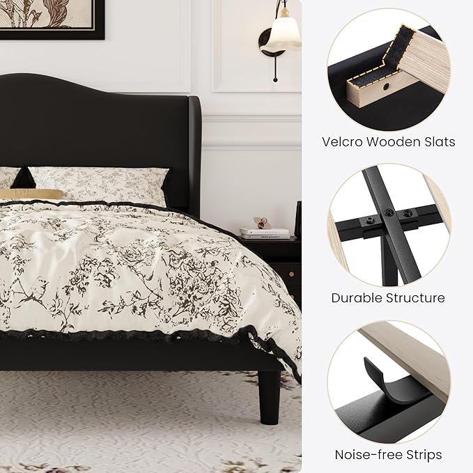 SHA CERLIN Full Size Velvet Platform Bed Frame with Elegant Wingback Headboard, Modern & Luxurious Design, Sturdy Wooden Slats, No Box Spring Required, Easy Assembly, Noise-Free, Soft Black