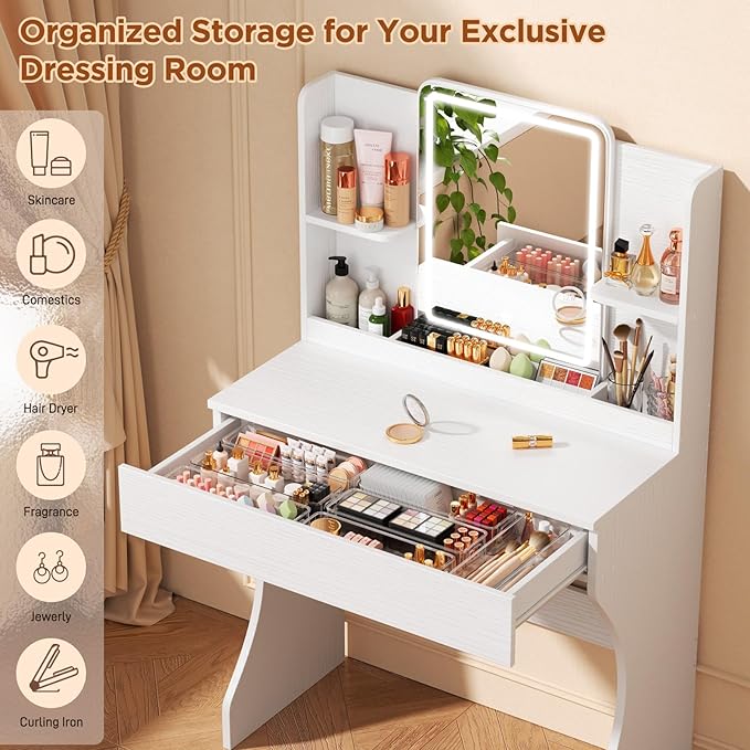 Small Vanity Desk with Mirror and Lights, Makeup Vanity with Storage Drawer, 2 Shelves and 3 Compartments - White