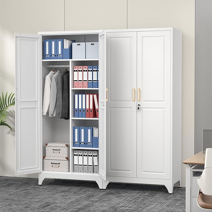 Polup Metal Armoire Wardrobe Closet with Doors, 71" Tall Wardrobe Cabinet with Lock, Hanging Rod and 3 Adjustable Shelves, Steel Clothing Storage Cabinet for Bedroom, Home Office, Employee, Gym, White