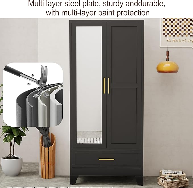 erosoei 71" H Metal Armoire Wardrobe Closet with Mirror,Household Steel Wardrobe Cabinet with Drawers,Clothing Storage Armoire Cabinet with Adjustable Shelves and Hanging Rod for Bedroom（Black）
