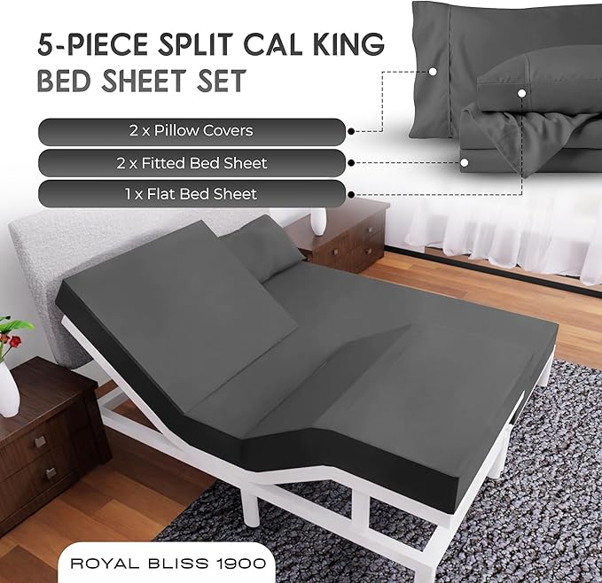Split California King Sheets Sets - 5 Pcs Set - California King Split Sheets for Adjustable Bed Cal King Split Adjustable Bed Sheets (Dark Grey)